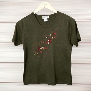Silk Club Silk Cashmere Blend Floral Embroidered Olive Green Short Sleeve Top